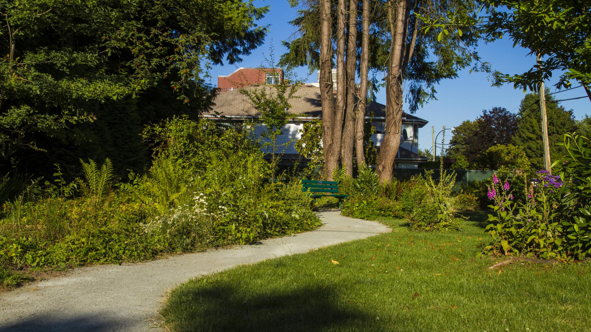 A winding paved path heading toward a garden of trees and bushes.